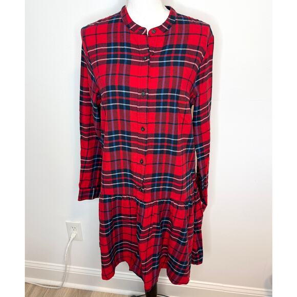 GAP Plaid Flannel Tiered Skirt Shirt Dress In Red Size Medium Tall - Picture 2 of 11